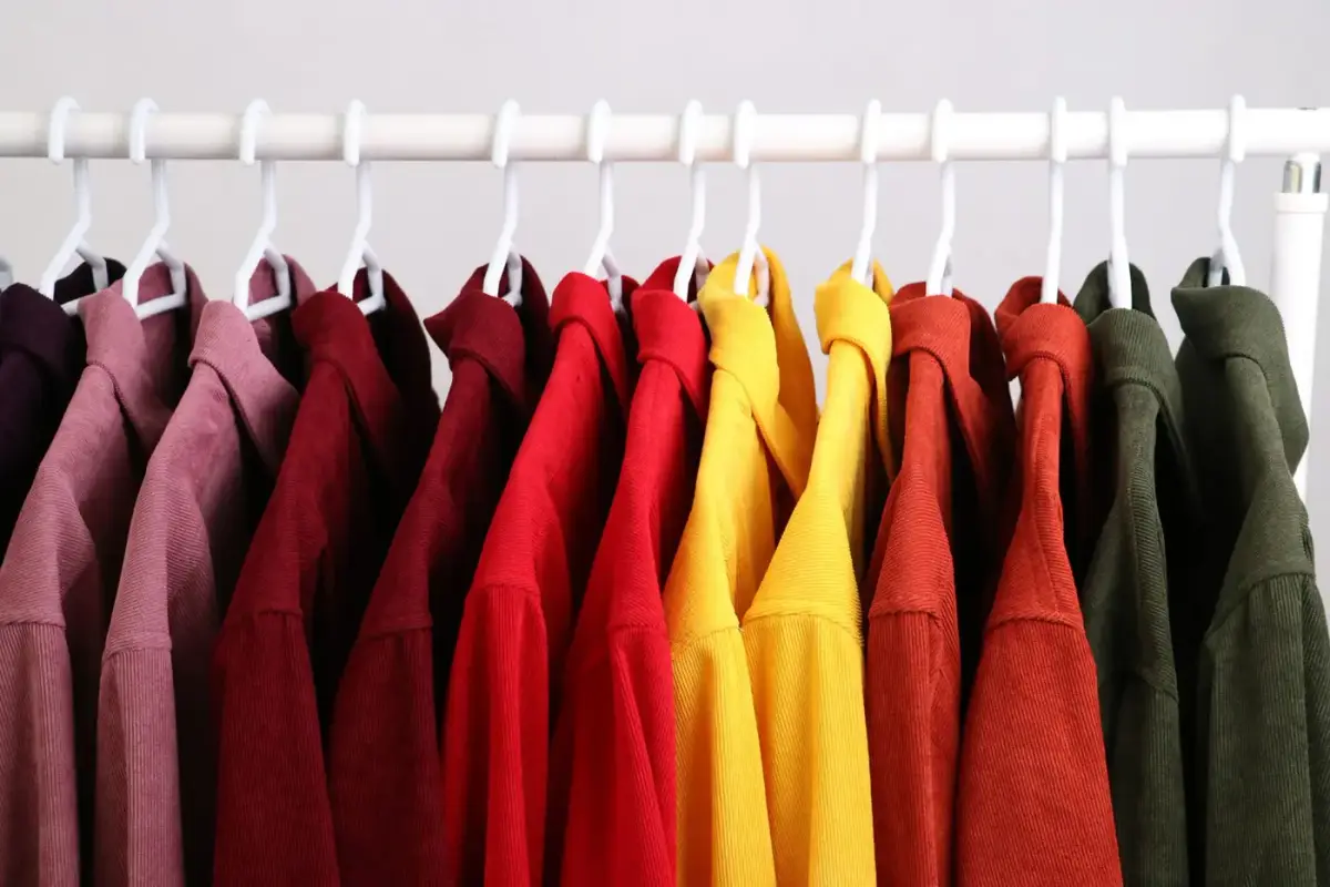 A rack of blank t-shirts arranged by color