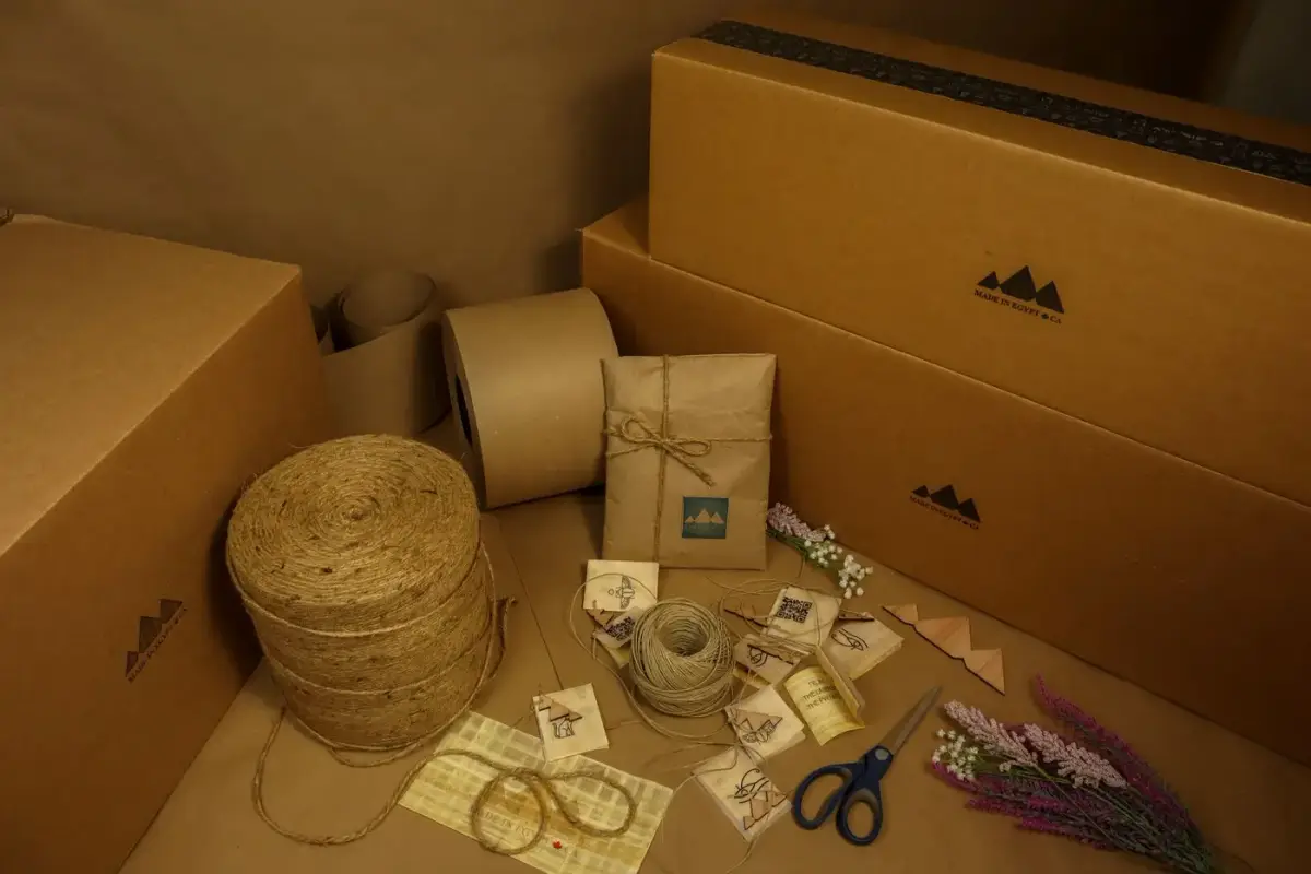 Kraft packaging materials, paper tape and boxes laid out